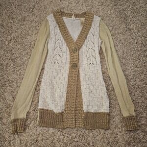 BKE Long Length V-Neck Cardigan Sweater Women's Size S Beige Green Cream